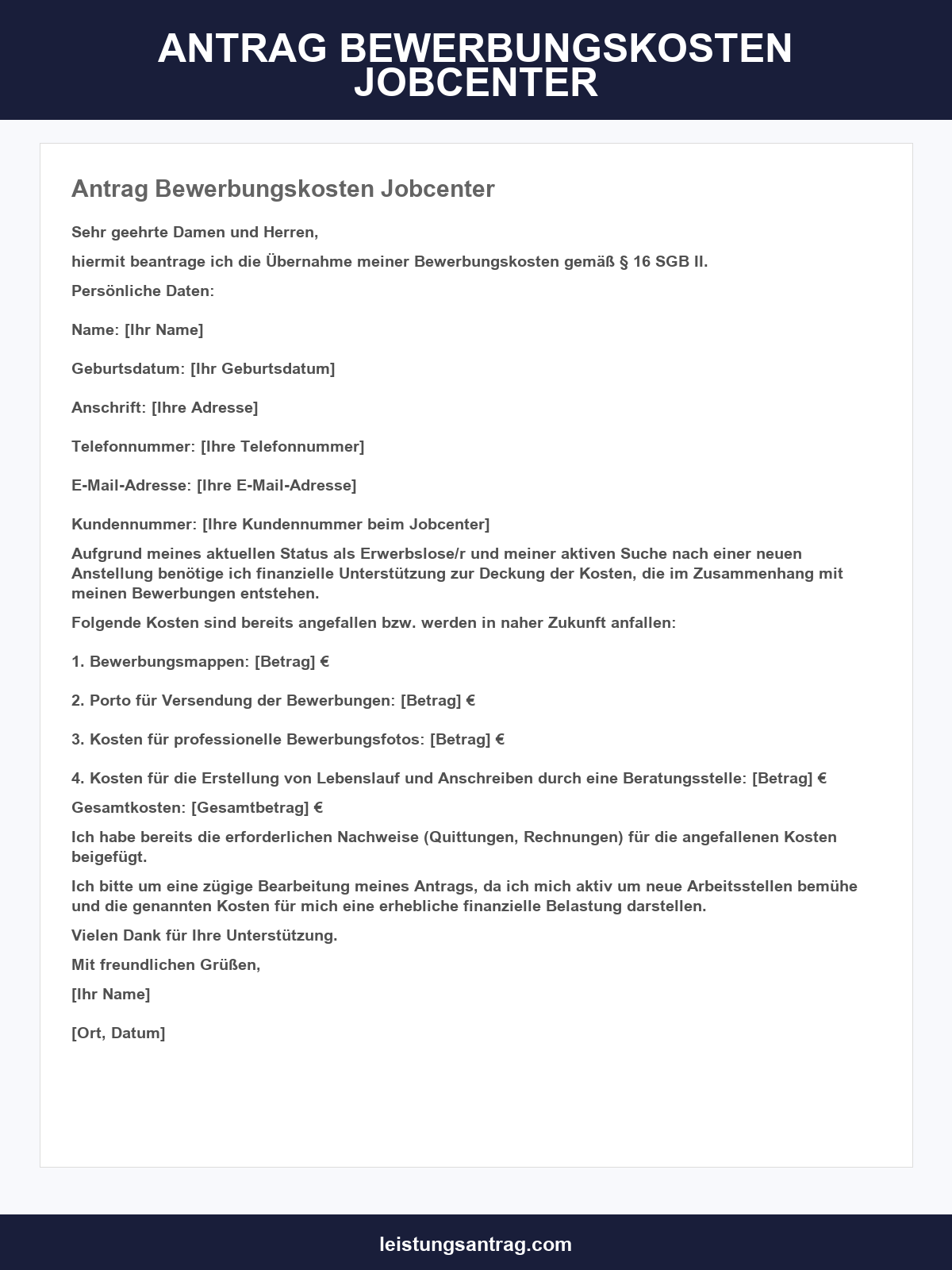 Antrag Bewerbungskosten Jobcenter