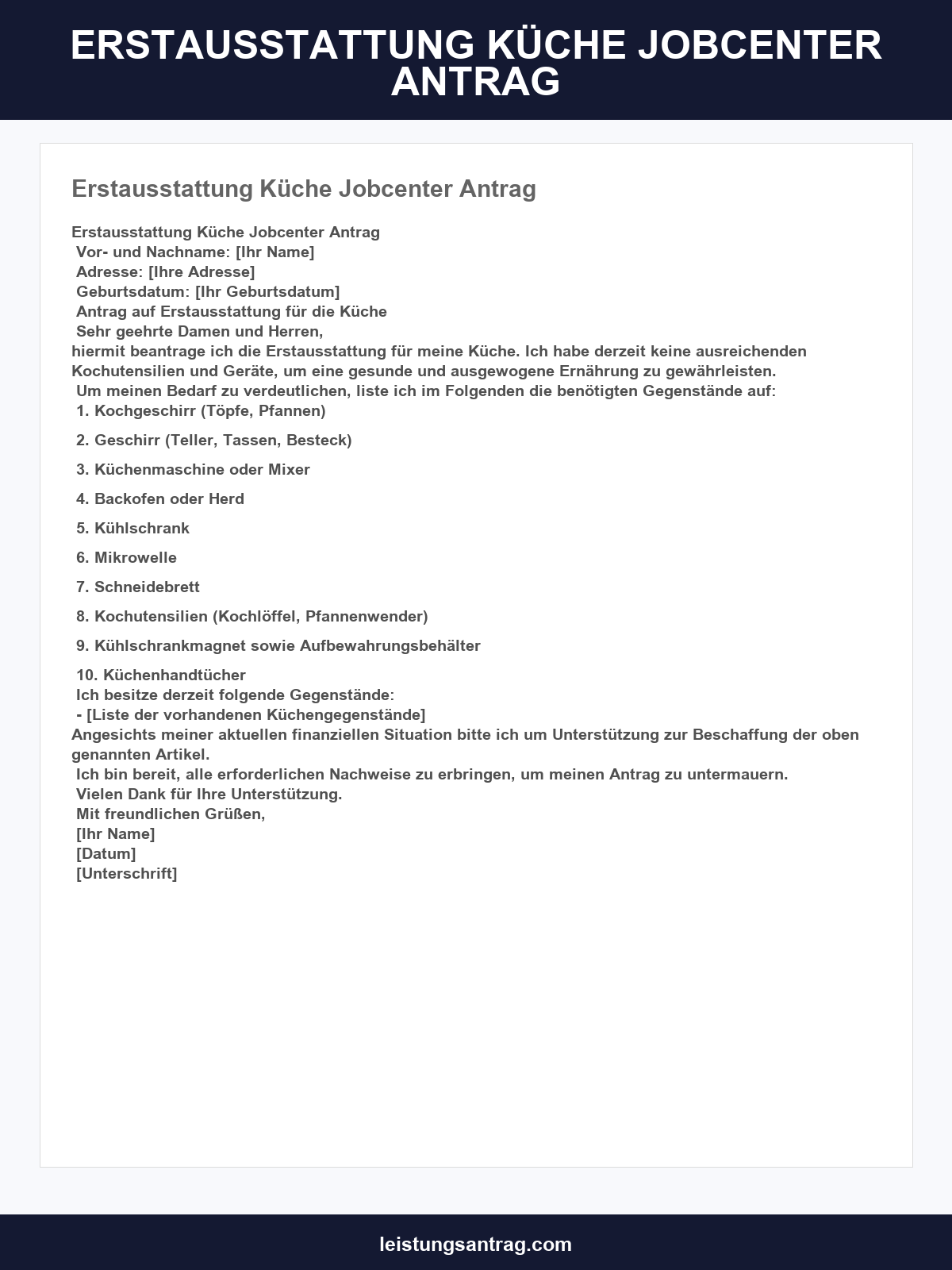 Erstausstattung Küche Jobcenter Antrag